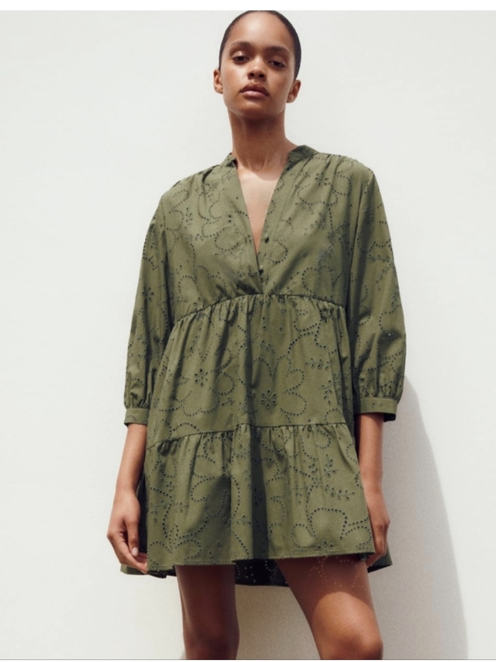 Olive Eyelet Tiered Mini Dress ZARA